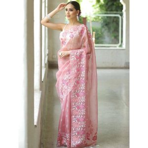 BORDADO DE ORGANZA A LA MODA TRABAJO SAREE CON BLUSA DESCOSTADA BEBÉ ROSA - Product Image 1