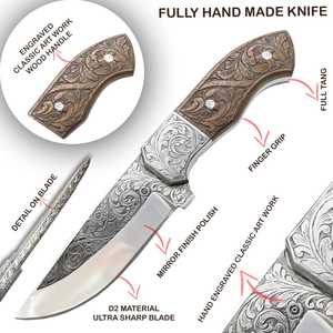 Cuchillo de Caza Personalizado Hecho a Mano con Acero D2, Grabado a Mano, Empuñadura de Madera con Bolster Grabado, Hoja de 6-7.9 Pulgadas, Cuchillo Multiusos para Exteriores - Product Image 4