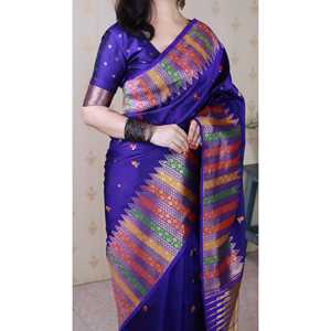 Sari de Seda Suave Violeta Elite Weaves con Bordado Meenakari Zari y Borde de Templo, Blusas y Camisas para Mujer, 650g - Product Image 3