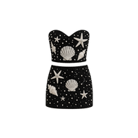 Robe noire unie deux pièces ornée de perles avec motif brodé étoiles et coquillages, mini-robe moulante, maillot de bain sans bretelles