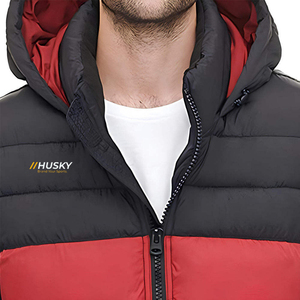 HUSKY Men's Hooded Puffer <b>Jacket</b> Red Black Color Blocking Windproof Winter Casual Zipper Front Logo Thick Quilted Coat - Product Image 6