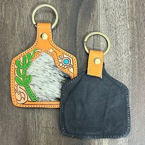 2026 Bulk Purchase Tooled Leather Cowhide Keychain Cactus Western Key Fob Rustic Floral Car Key Holder Gift for <b>Women</b> Men - Product Image 6