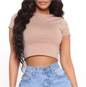 Camisetas Streetwear para Mujer, Color Verde Oliva, Corte Recortado, Manga Corta, Cuello Redondo, Camiseta Corta Elegante, Lisa, de Algodón Suave, Informal - Product Image 6