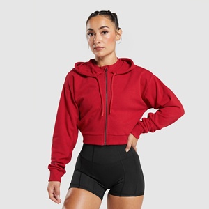 Sudadera con capucha de gran tamaño recortada con cremallera de manga larga de algodón de manga larga con capucha de longitud corta Top corto informal para mujer - Product Image 4