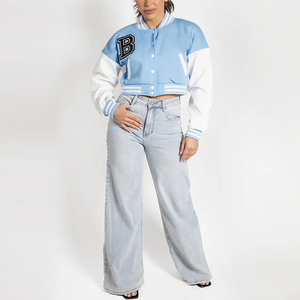 Custom Logo Autumn <b>Winter</b> 2026 Women's Letterman Crop Bomber Jacket With Button Lettermen Jackets Wholesale with OEM Services - Product Image 3