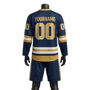 Conjunto de Camiseta y Pantalones Cortos de Hockey sobre Hielo Sublimados en Azul Marino y Dorado para Hombre, Cuello en V, Rayas, Poliéster, Ropa Deportiva, Uniforme de Entrenamiento - Product Image 2