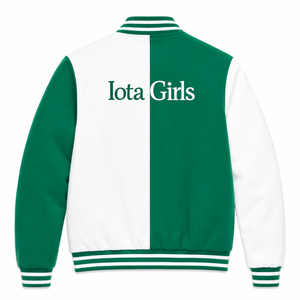 Veste universitaire personnalisée Iota Phi Lambda Sorority, verte et blanche, manches longues, boutons sur le devant, col à revers, logo brodé, coton. - Product Image 3