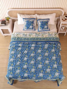 Traditional Blue Floral <b>Quilted</b> <b>Bedding</b> Set 100% Cotton Handmade All-Season Home Decor - Product Image 4