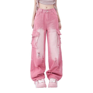 Jean en denim de coton délavé à effet dégradé, coupe ample taille mi-haute, couleur personnalisée, pour femme, style streetwear décontracté d'hiver, séchage rapide - Product Image 4