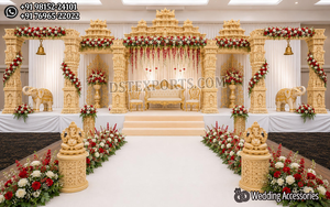 Montaje de Mandap de Boda de Lujo con Temática de Palacio en Blanco y Dorado, Montaje de Mandap de Boda Hindú Clásico con Pilares Tallados en Oro - Product Image 4