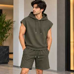 ชุดเซ็ตเสื้อฮู้ดแขนกุดและกางเกงขาสั้นสำหรับผู้ชาย Jerry Wear รุ่น Autumn Knitted สไตล์สปอร์ตแคชชวล ผ้าถัก ทรงหลวม ไหล่ตก ผลิตจากโพลีเอสเตอร์/คอตตอน แห้งเร็ว - Product Image 5