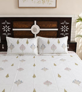 <b>King</b> <b>Size</b> Hand Block Print Cotton Bedsheet Set White Floral Bedding with 2 Pillow Covers Handmade Jaipur Linen - Product Image 4
