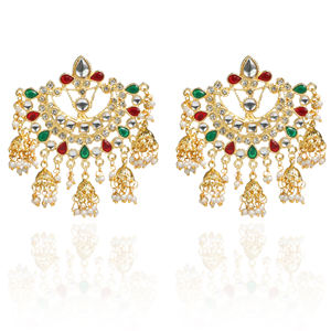 Indian Alloy Gold Plated Trendy Drop Tassel Jhumka Handmade Earrings Headpiece Jewelry for Women - Product Image 2