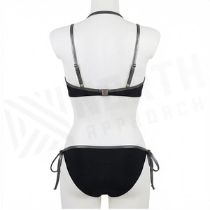Ensemble bikini noir pour femme avec haut dos nu à bordure contrastante vert sarcelle et bas à nouer sur les côtés - Product Image 2