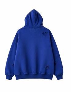 เสื้อฮู้ดดี้ซิปแบบยูนิเซ็กส์ สีน้ำเงินล้วน สไตล์วินเทจ ขาดๆ แบบดิสเทรส ทรงโอเวอร์ไซส์ ผ้าฟลีซ สตรีทแวร์ มีกระเป๋า ผลิตจากผ้าฝ้าย 100% - Product Image 4