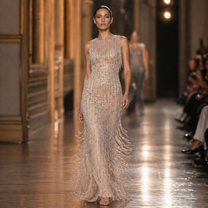 Robe de soirée sirène luxueuse en perles couleur nude |   Robe de soirée longue sans manches ornée de détails |   Fournisseur en gros de marques privées OEM en Inde - Product Image 5