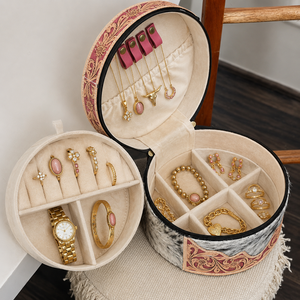 OEM ODM Round Shape Genuine Cowhide Jewelry Case Floral Hand <b>Tooled</b> <b>Leather</b> Makeup Organizer Travel Vanity Case Gift Storage Box - Product Image 6