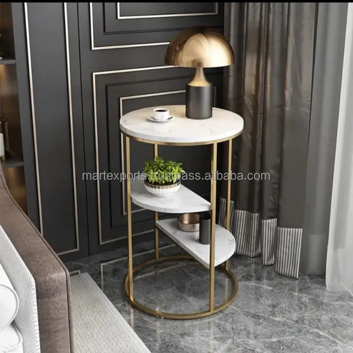 Mesa lateral redonda de acero inoxidable de alta calidad con encimera de mármol, sala de estar mueble para, precio al por mayor