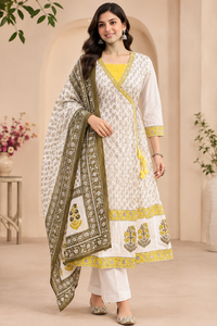 Sublimez votre garde-robe ethnique vibrante avec ce magnifique ensemble jaune brodé en coton pour femme, col en V, manches trois quarts, séchage rapide - Product Image 6