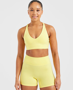 Conjunto de Yoga de 2 Piezas para Mujer, Amarillo Limón, Top Corto con Cuello en V, Pantalones Cortos de Cintura Alta, Deportivo, Transpirable, Spandex, Nailon, Primavera Verano, Bajo Costo - Product Image 1