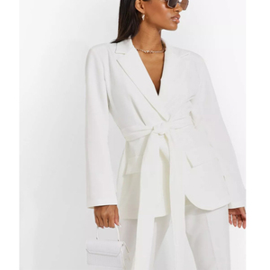 Ensemble tailleur décontracté et élégant pour femme, beige, col mandarin, manches longues, ceinture à nouer, couleur unie, tissu tricoté, anti-plis - Product Image 4