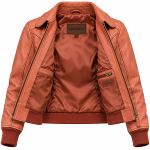 Chaqueta Bomber de Cuero Auténtico para Mujer, Color Durazno, con Bolsillos Personalizados OEM, Cintura Acanalada, Abrigo Informal para Dama - Product Image 5