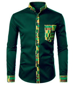 Chemise Traditionnelle Africaine pour Homme à Imprimé Kente, Manches Longues, Col Mandarin, Décontractée, Boutonnée, Personnalisable avec Logo - Product Image 1