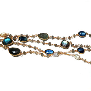 Collier de perles multicolores en pierres naturelles, plaqué or 18 carats, argent sterling, style bohème, kyanite, labradorite, perle d'eau douce - Product Image 6