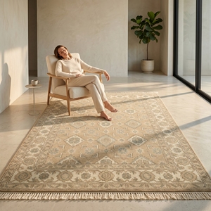Alfombra Oushak Geométrica Anatolia Vintage, Alfombra de Lana Beige Hecha a Mano para Decoración de Interiores de Lujo - Product Image 4