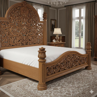 Cama Queen-Size Estilo Mid-Century de Caoba con Tallados a Mano y Acabado Excelente para Juego de Dormitorio, Muebles para el Hogar