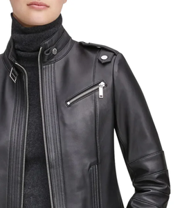 <b>Women's</b> Genuine <b>Leather</b> <b>Moto</b> <b>Jacket</b> Stand Collar Full Sleeve Zipper Closure Solid Color Autumn Wear - Product Image 5
