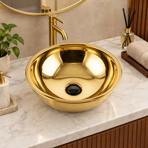 Lavabo sur comptoir moderne rond en laiton doré poli avec drain noir, vasque de luxe pour salle de bain, équipement sanitaire pour hôtel - Product Image 3