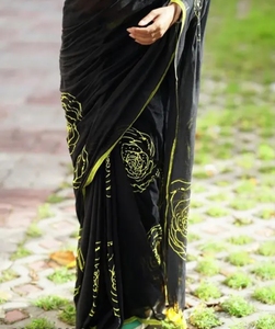 Sari Tradicional KV para Mujer, de Algodón y Lino, Negro Estampado, de Secado Rápido, para Otoño, con Blusa Sin Coser - Product Image 5