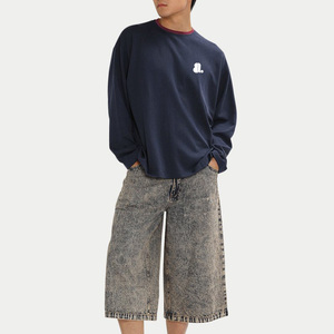 T-shirt décontracté pour homme en jersey de coton bleu marine à manches longues et col rond, avec logo lettre imprimé à l'avant, respirant, tissu 160g, sérigraphié - Product Image 3