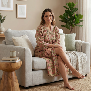 ชุดคลุมยาวผ้าฝ้ายพิมพ์ลายดอกไม้, ชุดคลุมยาวสไตล์กิโมโนคอวีมีเชือกผูกผ้านุ่มระบายอากาศได้ดีใส่อยู่บ้าน - Product Image 4