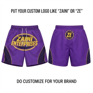 Shorts coupe-vent personnalisés en taffetas de polyester 100 GSM, shorts de sport athlétiques violets avec empiècements contrastants, impression de logo personnalisée - Product Image 1