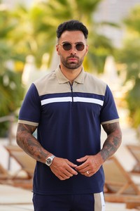 Premium Men's Beige Blue Solid <b>Knitted</b> 100% Cotton Summer Formal Breathable 300g Short <b>Set</b> - Product Image 2