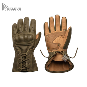Custom Vintage Leather Motorcycle Gloves Rear Lace Up Gauntlet Two Tone Leather Biker Gloves Molded Knuckle Perforated - Product Image 3
