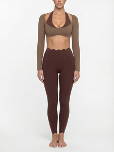 Conjunto de Ropa Deportiva para Gimnasio con Bordes Florales y Logotipo Personalizado, Conjunto de Yoga para Mujer, Top Halter de Manga Larga, Traje de Yoga para Entrenamiento al Aire Libre - Product Image 1