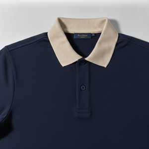 Polo de manga corta azul marino para hombre con cuello color crema y puños rojos, ropa casual, tejido piqué de algodón transpirable, corte regular. - Product Image 4