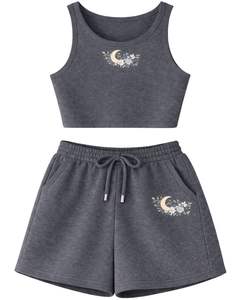 <b>Women</b> Ribbed Crop Tank Top And Drawstring <b>Shorts</b> Set Charcoal <b>Grey</b> Moon Floral Zodiac Embroidery Casual Lounge Two Piece Outfit - Product Image 1