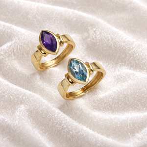 Bague en laiton ovale à facettes sertie d'améthyste, taille fixe, style glamour minimaliste, bijou fait main pour femme - Product Image 6