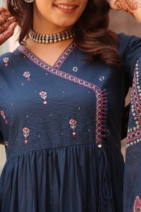 Luxury Navy Cotton Pintex Embroidered <b>Three</b> Piece Suit Set with Tiered Anarkali Kurta Matching Bottom and Dupatta for Women - Product Image 5