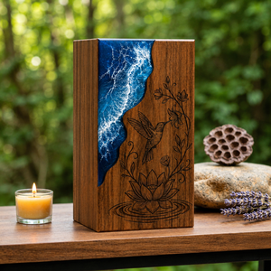 Handmade Wooden Cremation Urn Ocean Wave Resin <b>Memorial</b> <b>Box</b> Floral Bird Inlay Adult Cremation Keepsake Case - Product Image 4