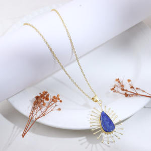 Luxury Gold Plated Brass Water Drop Link Chain <b>Necklace</b> with Natural Lapis Aura Stone Freshwater Pearl Women Elegant <b>Statement</b> - Product Image 3