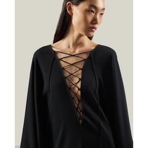 Elegant <b>Black</b> Empire Gown V-neck Full Sleeve Floor-Length <b>Kaftan</b> Party Dress A-Line Silhouette Cotton Fabric All Seasons Wear - Product Image 3