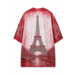 เสื้อยืดแขนสั้นพิมพ์ลายหอไอเฟลสีแดงทรงโอเวอร์ไซส์สำหรับผู้ชาย ดีไซน์ลายพิมพ์สไตล์สตรีท คอกลม - Product Image 3