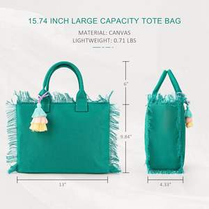 Women's Canvas Tote <b>Bag</b> With <b>Tassels</b> Fringe Top Handle Zipper Closure For Work Travel Beach Gym - Product Image 3