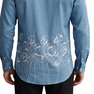 Denim Blue Floral Embroidered <b>Mens</b> Long Sleeve <b>Shirt</b> Button Down Casual Slim Fit Fashion <b>Shirt</b> <b>for</b> <b>Party</b> Smart Daily Wear - Product Image 6