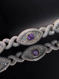 Luxury 18K Gold Eye Shape Amethyst Bracelet Pavé Diamond Chain Link Women's Party Jewelry - Product Image 1